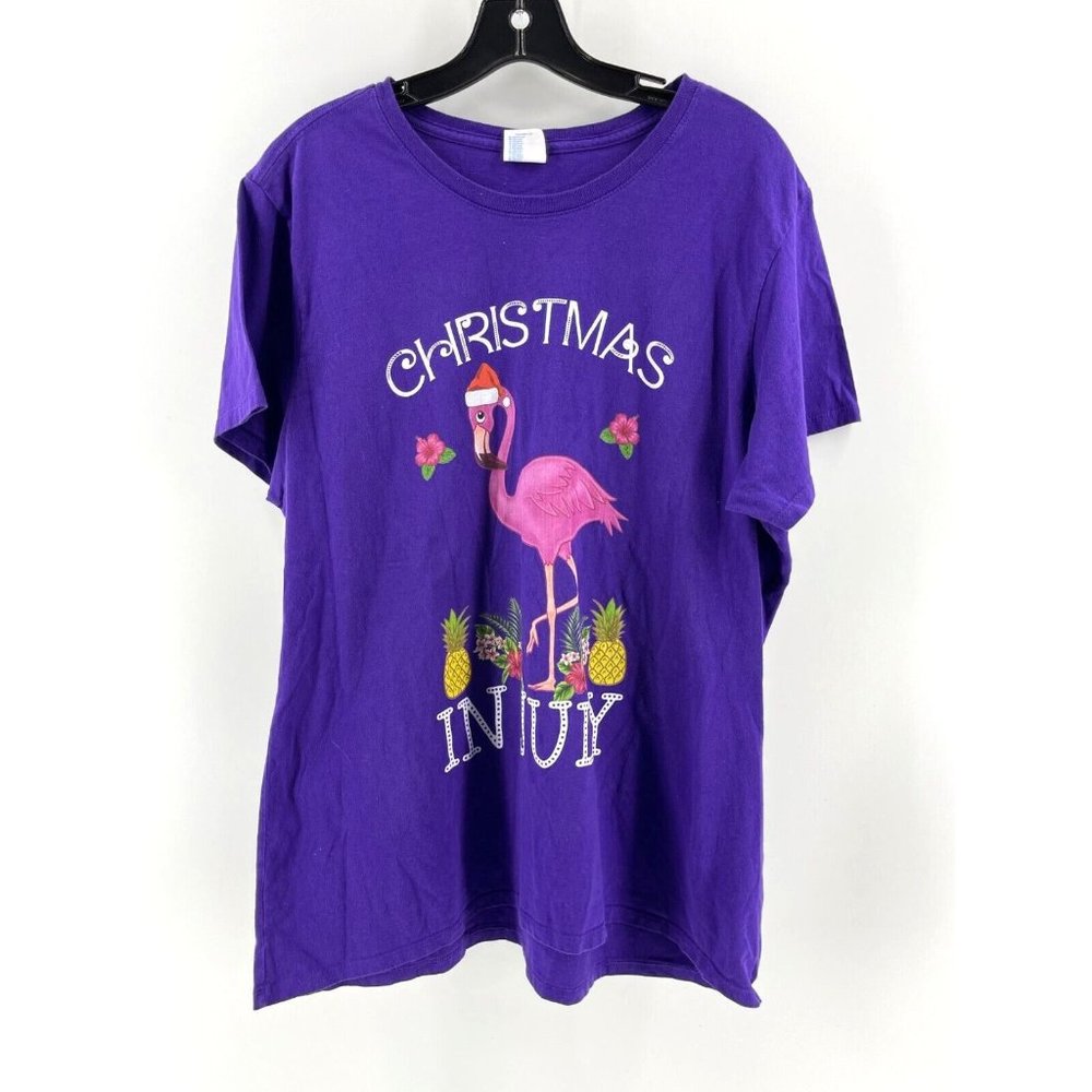 Women's Purple Graphic Print Flamingo Christmas in July T Shirt Tee Size XXL